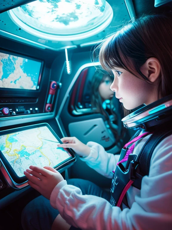 focus on girl, hide your hands, The girl dreams of an adventure to an unknown planet., Explore the interior of a spaceship. Her face shows curiosity and excitement., And in her hands she holds a map and some exploring gear.. The light inside the spaceship combined with her presence、Creates an atmosphere of cosmic mystery and infinite possibilities.。.