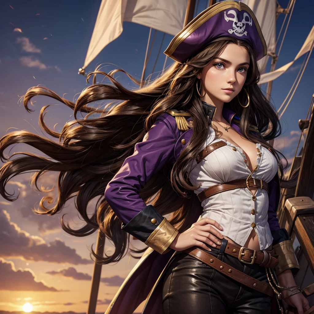 Mary has long light brown hair purple eyes and a very fair complexion. She is a pirate and has a ship