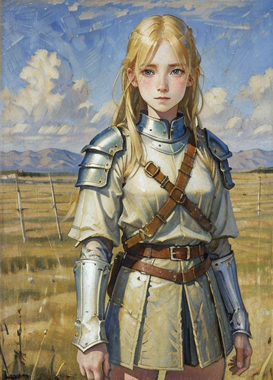 (beautiful teenage girl), long blonde hair, Rough, pale skin, freckles. goddess, Padded Armor, Cloth armor, Baggy shirt, Baggy jacket, Gambeson, Quilted Armor,armor with short skirt, blush, highest quality, oil painting style, hand painting style, classical painting style,(on the field), masterpiece, medieval infantry, hand drawn illustration, full body shot, crusader 