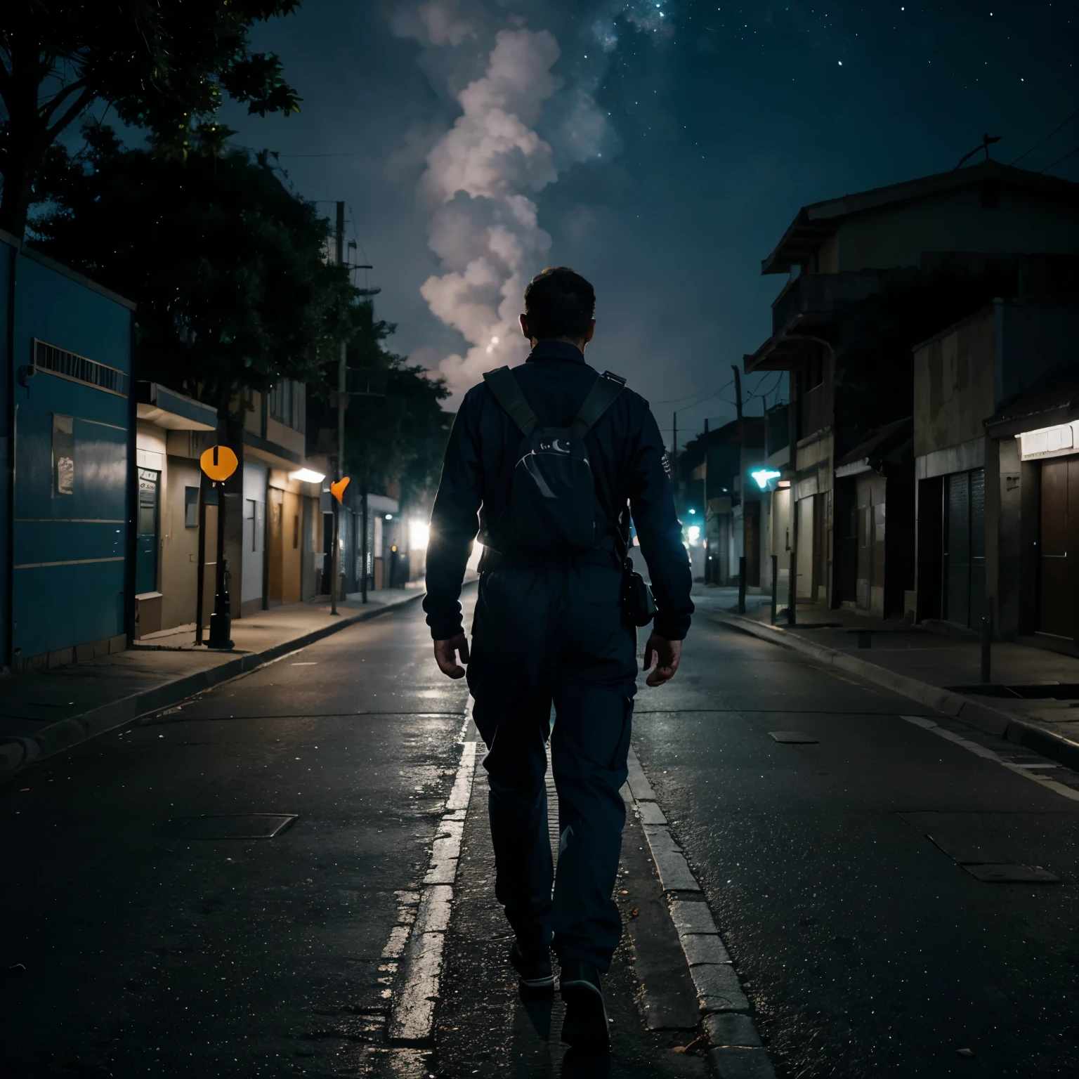 Homem caminhando em uma rua escura e nebulosa (realismo)