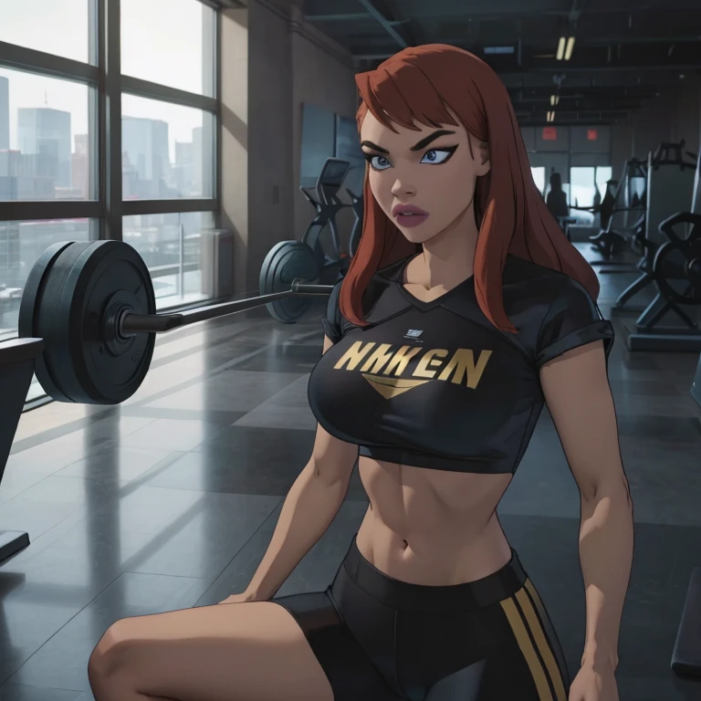 She's a young, slender woman with short, vibrant red hair and bright blue eyes, dressed in fitted gym attire. Confident and determined, she exudes assurance with a strong posture and a self-assured expression. Her domain is the gym, where her infectious energy shines, whether as an athlete or a dedicated instructor.red wet wavy long hair, fit body , huge breasts, gym sportswear black and gold