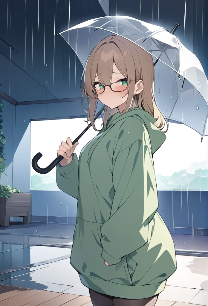 I created an image in anime style。In 8K resolution、As a masterpiece of the highest quality、With ultra-detailed depiction、It depicts a woman with long, straight light brown hair.。She wears brown-framed glasses、She is wearing a pale green baggy long sweatshirt hoodie dress and black tighty clothes are wet from the rain and are transparent、Detailed depiction of rain、No umbrella、He is looking at the viewer from the side with a troubled expression and a blush on his cheeks.