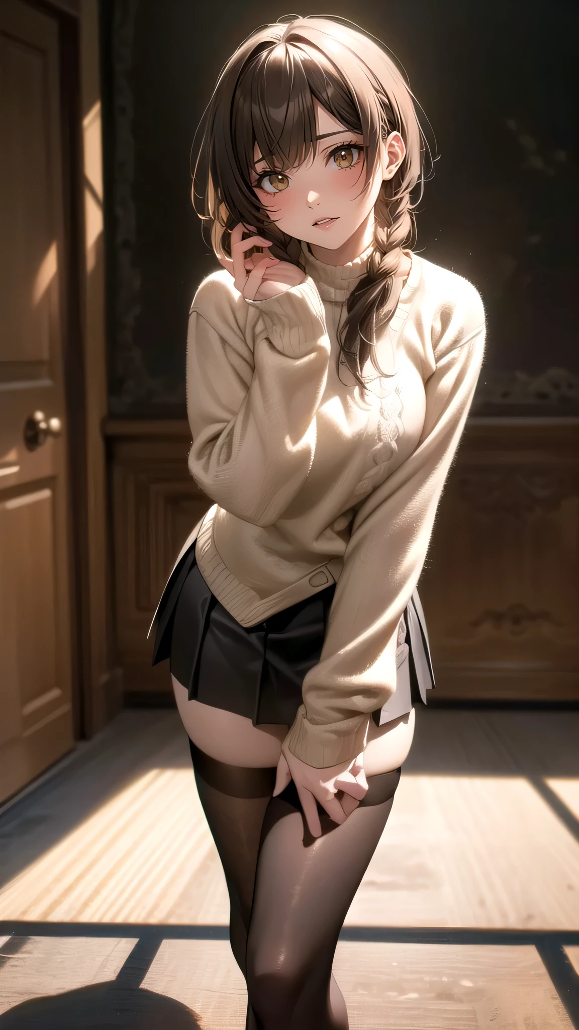 (random porn pose),(Highest image quality,(8k),ultra-realistic,best quality, high quality, high definition, high quality texture,high detail,beautiful detailed,fine detailed,extremely detailed cg,detailed texture,a realistic representation of the face,masterpiece,Sense of presence),sweater,tight mini skirt,stockings,Engineer boot