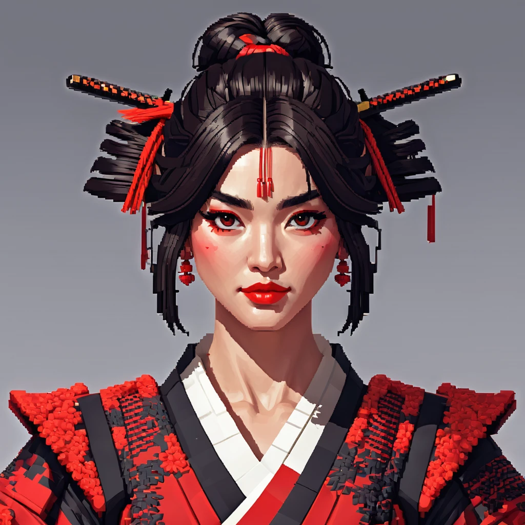 Make pixel art, personagem feminina, ela tem cabelo vermelho curto, tem uma vestimenta parecida com a de um samurai, don&#39;t do it with too many details