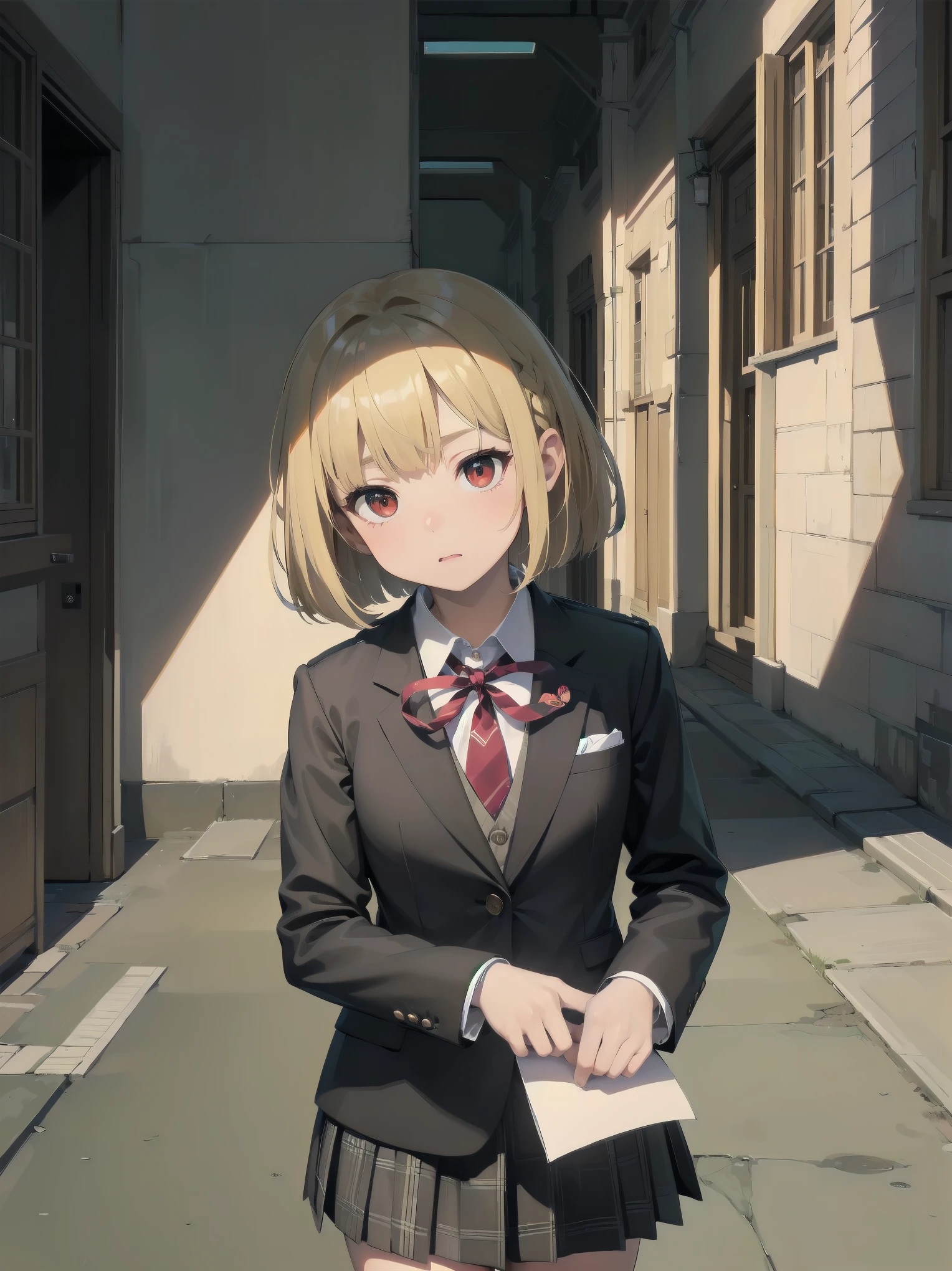 Top-High quality、Highest image quality、masterpiece、high contrast、Elegant、erotic expression、high school girl、blonde、red eyes、Bob cut braids、uniform、(brown blazer)、ribbon tie、(Green and gray plaid skirt)、(black tightovie-like shadows、fine shading、cute、Truly unbelievably cute absurd、outside、school trip、national treasures、Traditional buildings