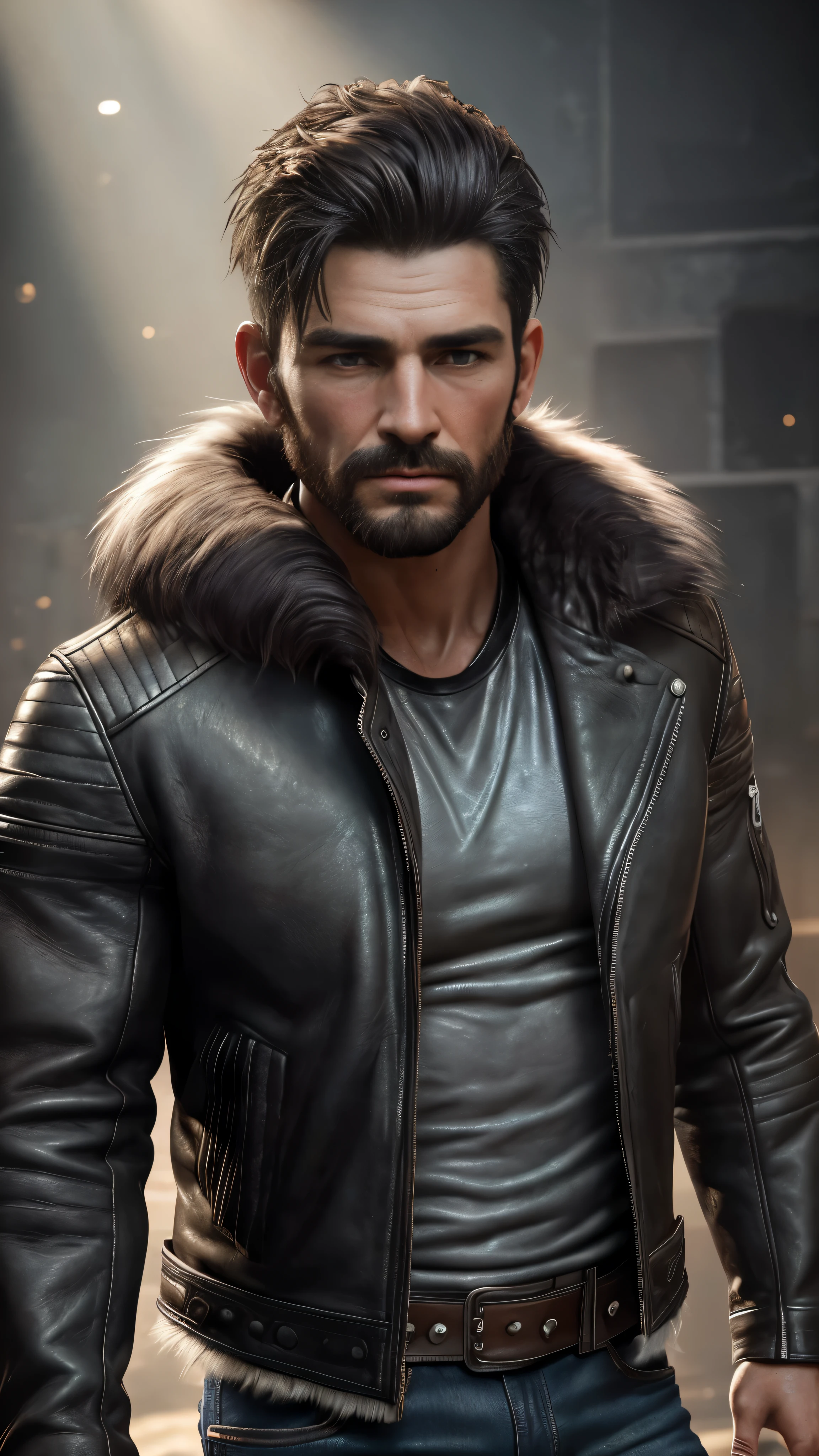 Photo of a rugged and athletic 30-year-old cowboy, raw, (1boy), ((Detailed face:1.2)), ((leather jacket with fur trim:1.32)), long sleeves, black jeans, ((Volumetric lighting:1.37)), ((best quality:1.1)), masterpiece, intricate details, tonemapping, sharp focus, hyper detailed, trending on Artstation, ((looking directly at the viewer:1.3)), (realistic, realistic detail), photorealistic, high contrast, photorealistic digital art, 8k HD high definition, detailed skin texture, hyper-realistic texture, realistic lighting, dramatic