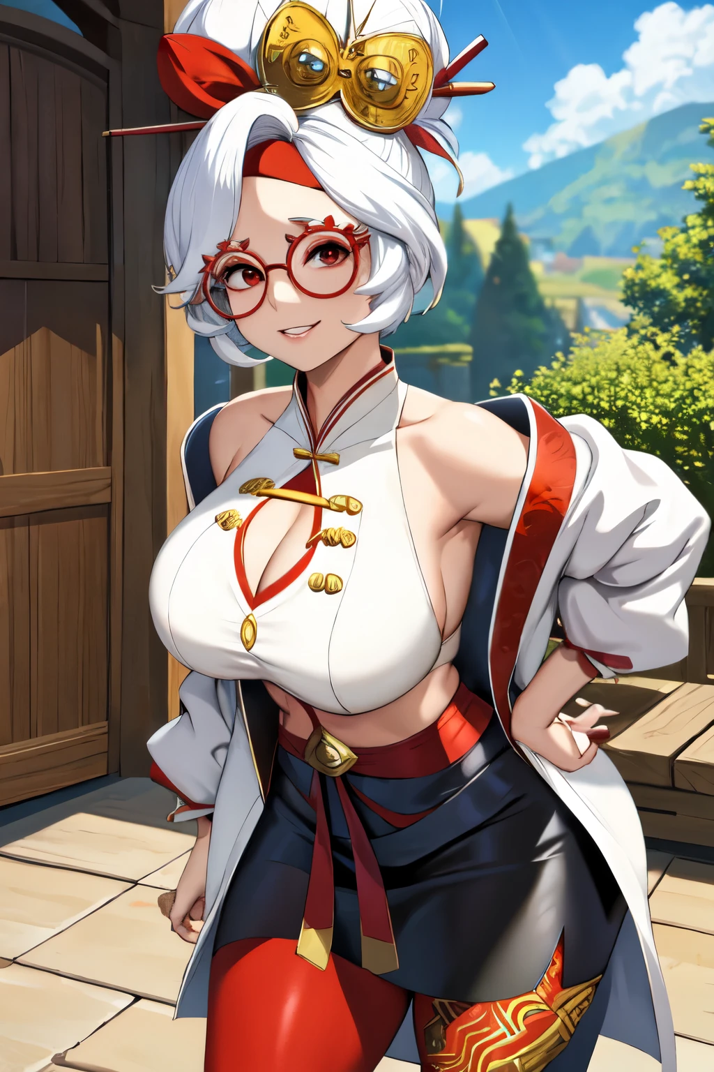 masterpiece, best quality, purah, red glasses, hair ornament, hair stick, red headband, white shirt, bare shoulders, white jacket, black skirt, orange leggings, large breasts, looking at viewer, entrance, garden, leaning forward, upper body, hands to hips, smile, cleavage