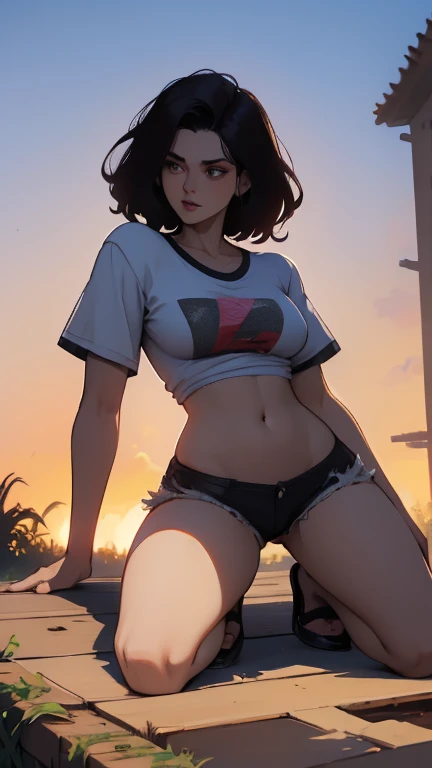 Mujer hermosa, ((24 years old)), calle, camiseta, 1980s, retro, pelo cola de caballo larga y ondulada de pelo oscuro, (obra maestra), extremadamente detallado