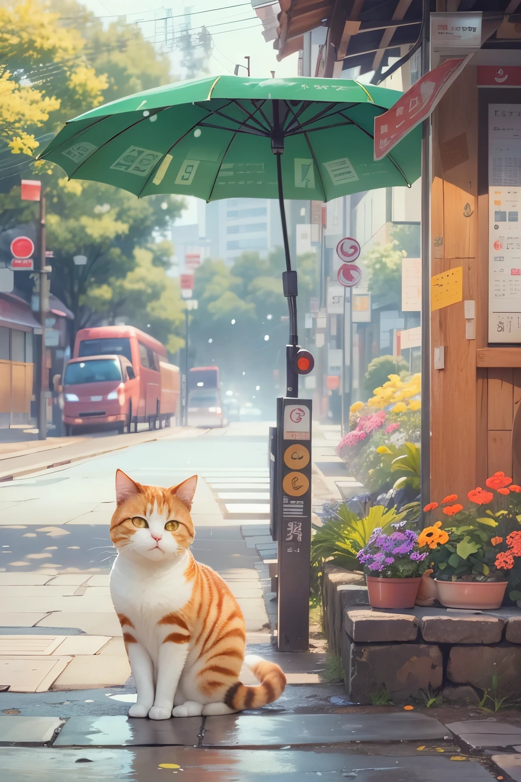 Japanese landscape summer scenery, A cute cat with round eyes is waiting for you at the bus stop, Street view, snow, The cat is under the umbrella