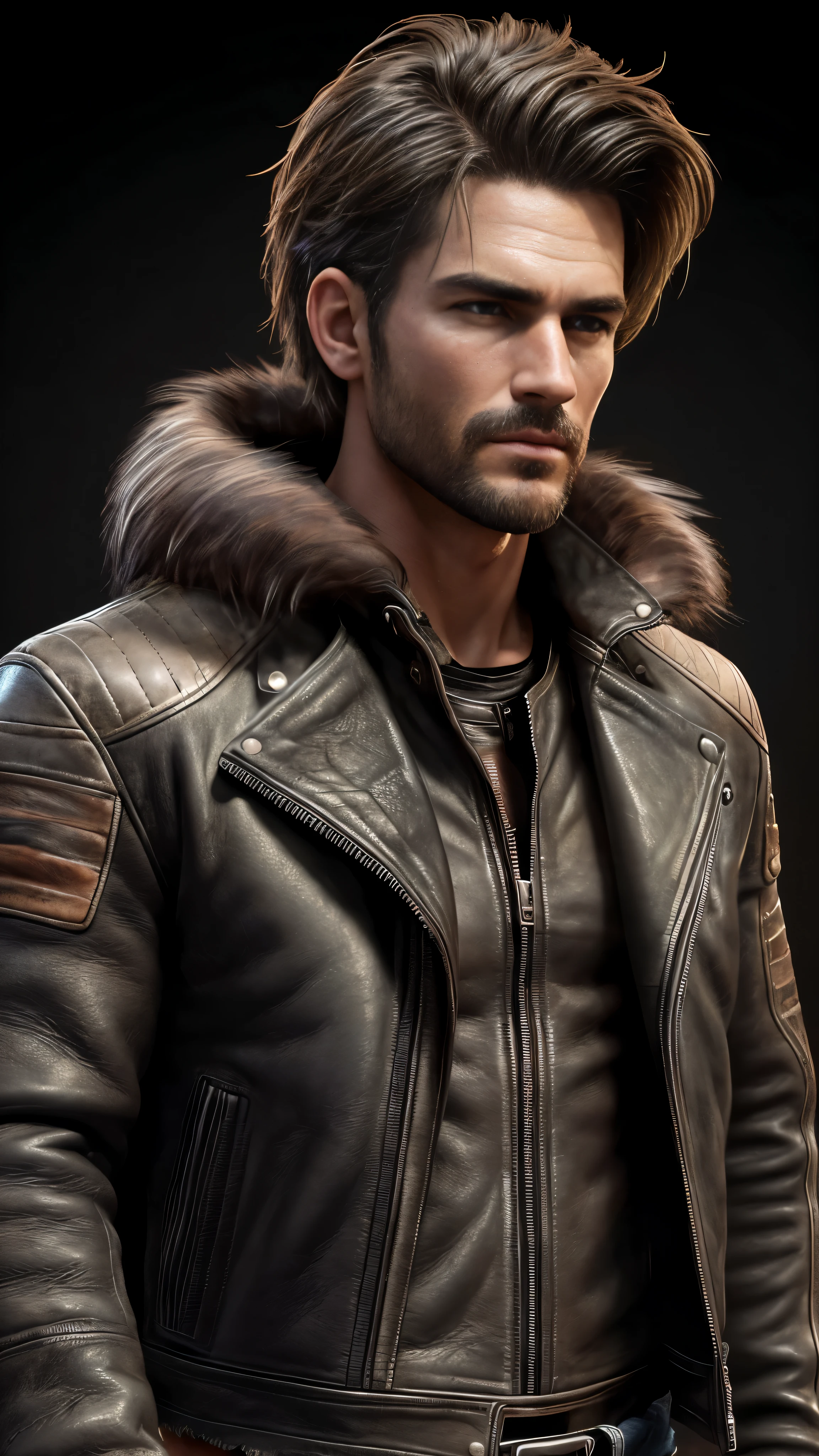 Photo of a rugged and athletic 30-year-old cowboy, raw, (1boy), ((Detailed face:1.2)), ((leather jacket with fur trim:1.32)), long sleeves, black jeans, ((Volumetric lighting:1.37)), ((best quality:1.1)), masterpiece, intricate details, tonemapping, sharp focus, hyper detailed, trending on Artstation, ((looking directly at the viewer:1.3)), (realistic, realistic detail), photorealistic, high contrast, photorealistic digital art, 8k HD high definition, detailed skin texture, hyper-realistic texture, realistic lighting, dramatic
