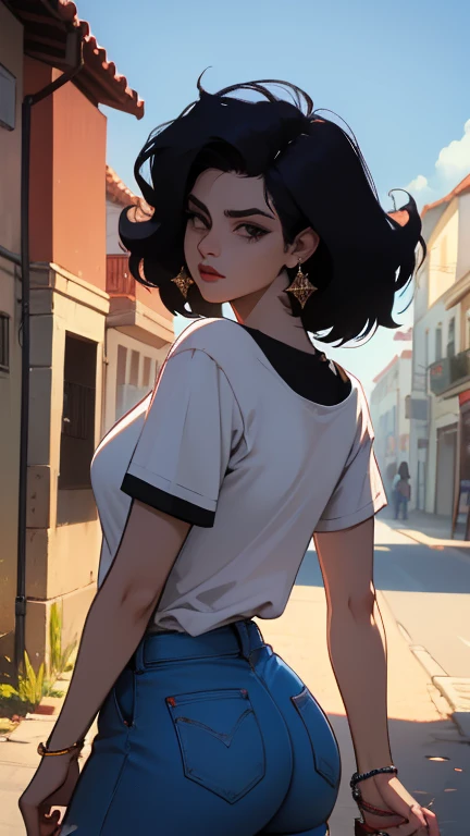 Mujer hermosa, ((24 years old)), calle, camiseta, 1980s, retro, pelo cola de caballo larga y ondulada de pelo oscuro, (obra maestra), extremadamente detallado
