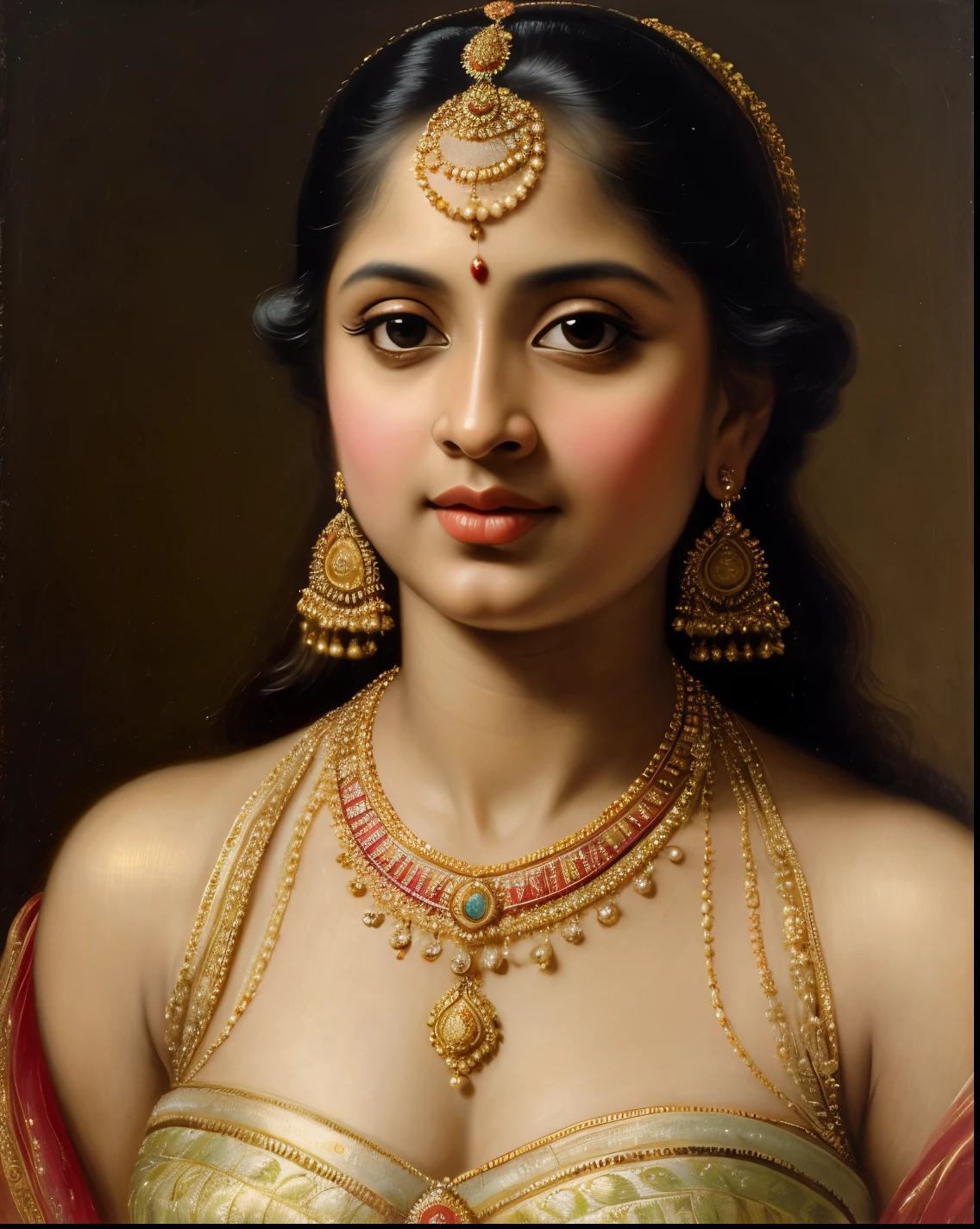 Beautiful Indian Woman, wearing saree, sari Beauty, gorgeous, Apsara, Maharani, royal queen woman, nymph from Hindu Mythology, Urvashi, matchless beauty, Highly detailed, Oil Painting by Peter Paul Rubens inspired by Raja Ravi Varma, Matchless beauty, captivating, gorgeous, heavenly beauty, celestial beauty, by Peter Paul Rubens, 13, realistic, hyper realistic, micro details, incredible artwork, insane details, ultra High resolution, 8k, 32k, acrylic on canvas, intricate, flawless, detailed, detailed face, detailed eyes, masterpiece, by Peter Paul Rubens, by Caravaggio, by William Adolphe bouguereau, perfect face, perfect body, beautiful art, realism, baroque, renaissance Art, highly textured, beautiful and detailed eyes, uhd, best quality,