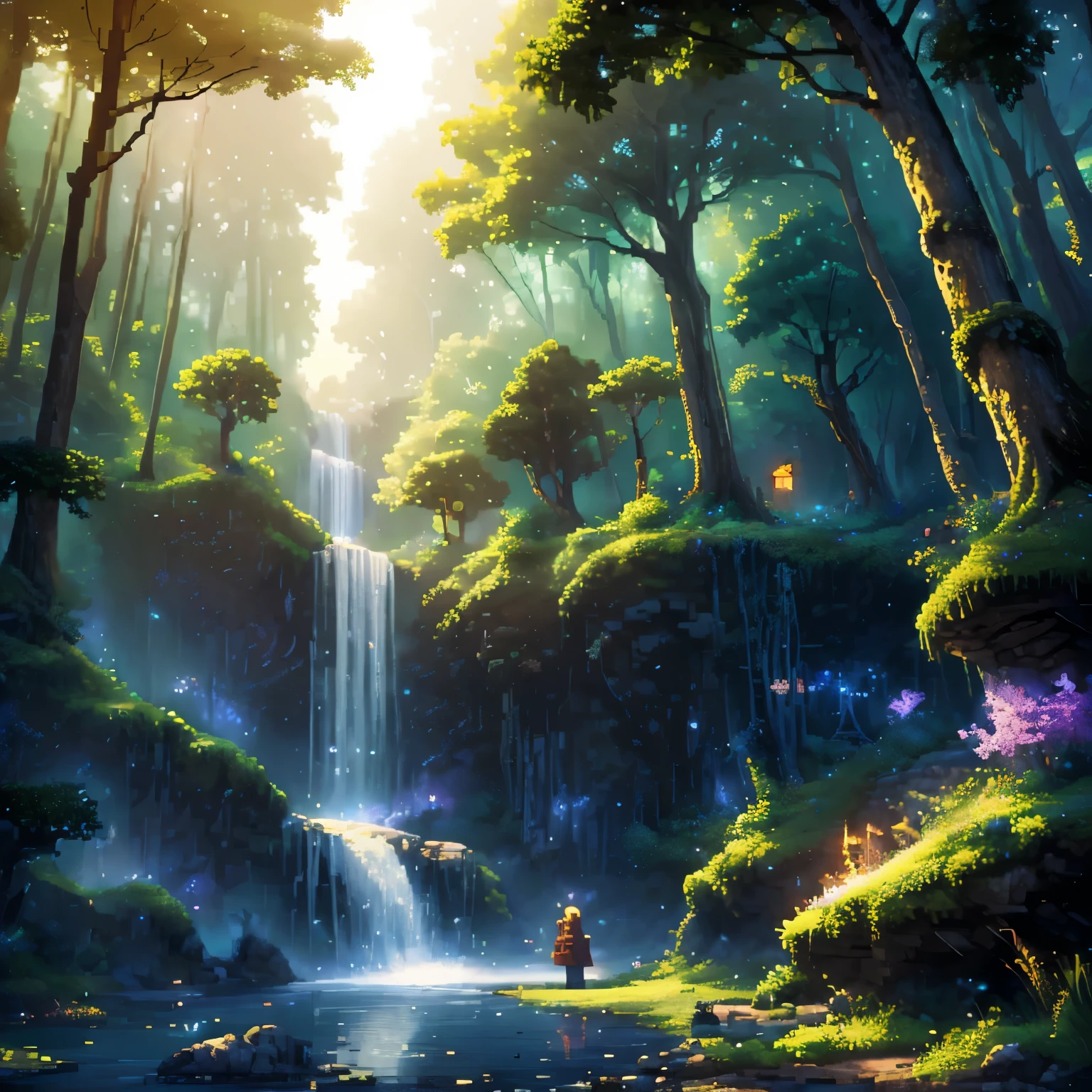 beautiful afternoon scene pixel art, 3D pixel art 4K wallpaper, Incredible pixel art detail, Pixel art, Detailed Unreal Engine pixel art, forest, fireflies, magic, only plants and magical beings