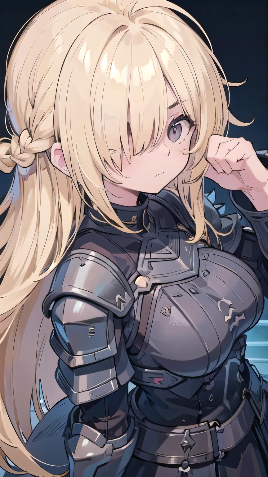 tits、glaring, angry, face palm、breasts close up, blonde　((((((hair over one eye)))))), Braid Styles, spiked hair, blunt bangs, bob hair, a braid, Ahoge　red eyes, , From above, From the side, armored dress, off shoulder