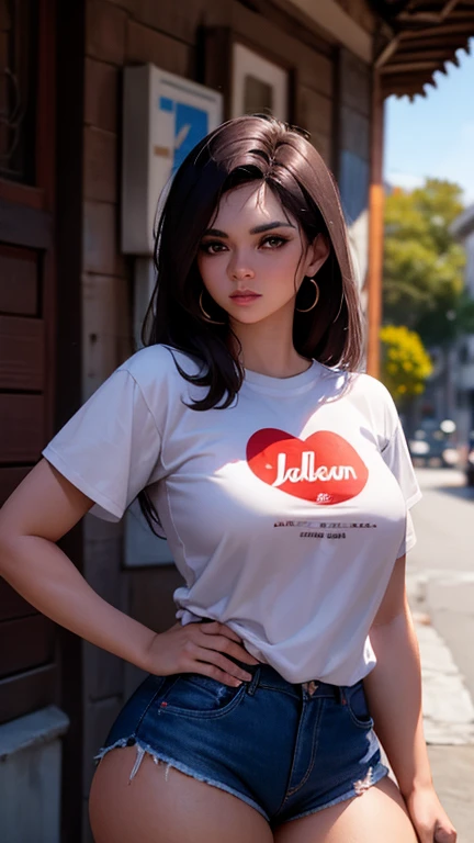 Mujer hermosa, ((24 years old)), calle, camiseta, 1980s, retro, pelo cola de caballo larga y ondulada de pelo oscuro, (obra maestra), extremadamente detallado