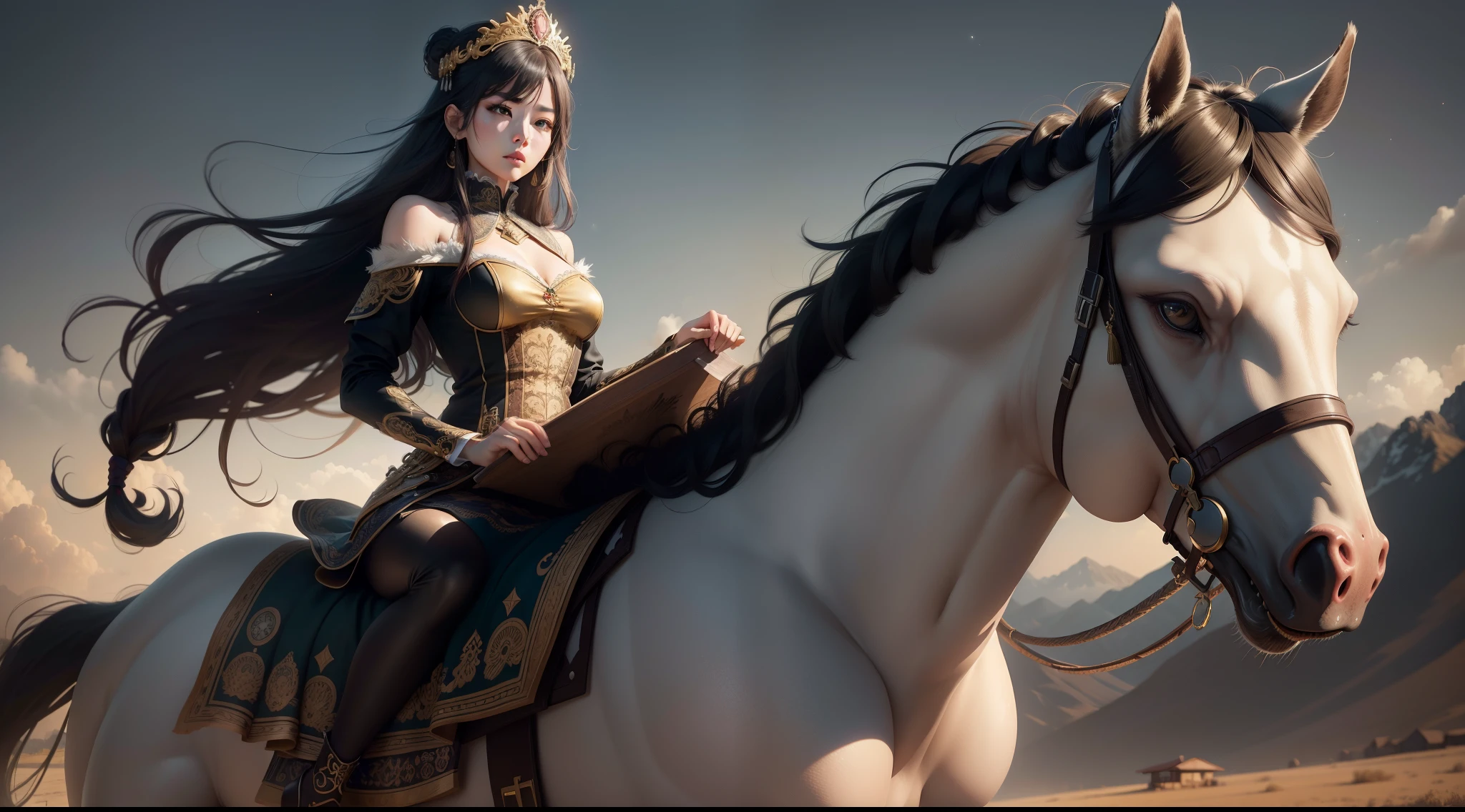 (masterpiece), (best quality), (wide angle lens), full body, 1woman, half-Korean, beautiful, attractive, 24 years old, very beautiful face, steppe landscape, big clocks as stars in the sky, gloomy mood, woman riding into the clock setting, highest quality, skin texture, intricate details, (cinematic lighting), RAW photo, 8k, masterpiece, best quality, ultra-detailed, very detailed illustrations, extremely detailed, intricate details, high-resolution, super complex details
