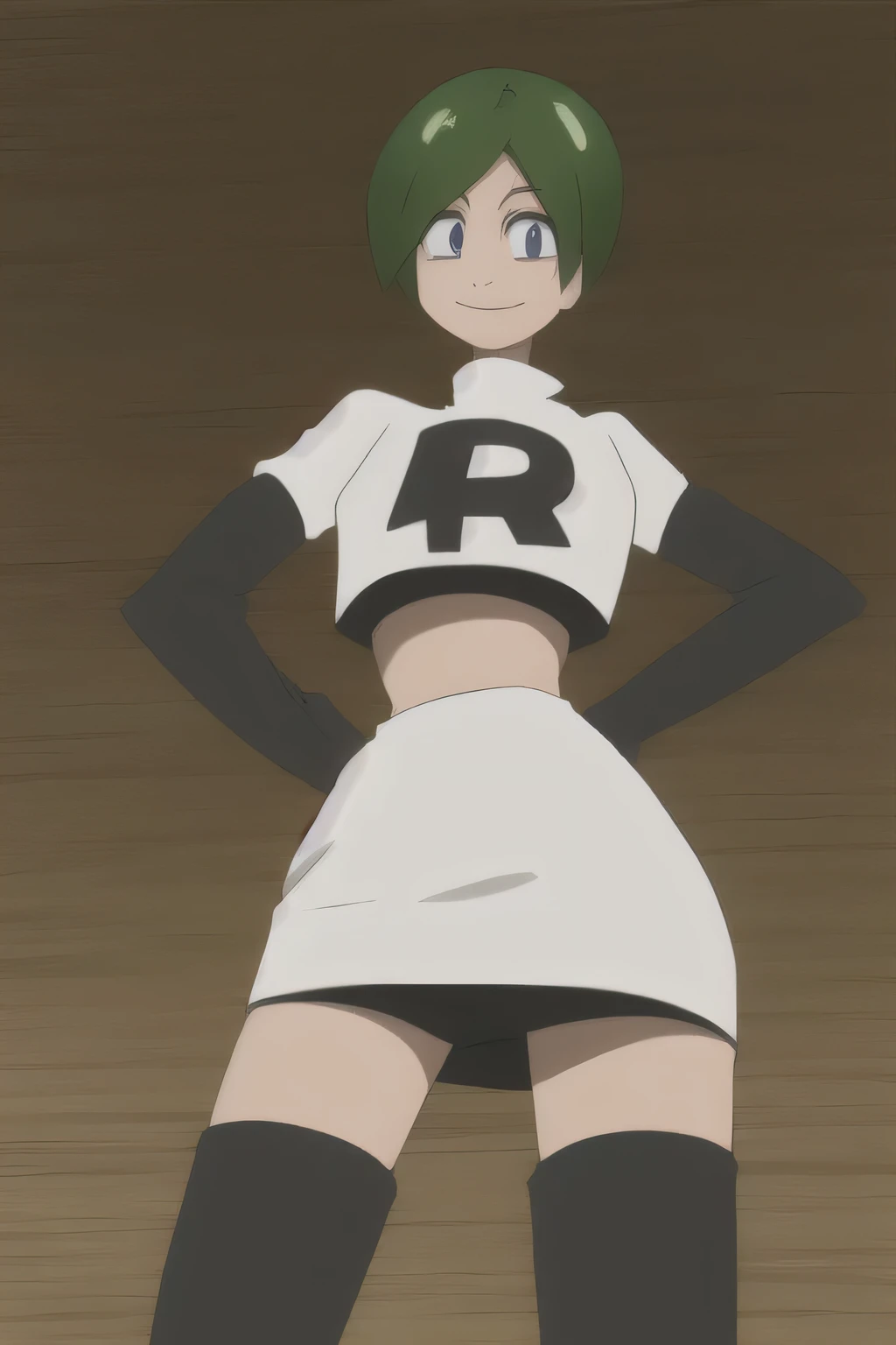 8k, masterpiece,highres, team rocket uniform, red letter r, white skirt,white crop top,black thigh-high boots, black elbow gloves, smiling, looking down at viewer, hands on hips, cowboy shot, zettai ryouiki,from below, black panties,anime style, vivid colors, sharp focus, intense lighting,(masterpiece), best quality, high resolution, extremely detailed, detailed background, perfect lighting,ubel, medium hair, hair between eyes, green hair, side ponytail, (purple eyes:1.1), joyful eyes, cute pose, BREAK indoors, hot springs, BREAK looking at viewer, (cowboy shot:1.5), BREAK, (masterpiece:1.2), best quality, high resolution, unity 8k wallpaper, (illustration:0.8), (beautiful detailed eyes:1.6), extremely detailed face, perfect lighting, extremely detailed CG, (perfect hands, perfect anatomy)