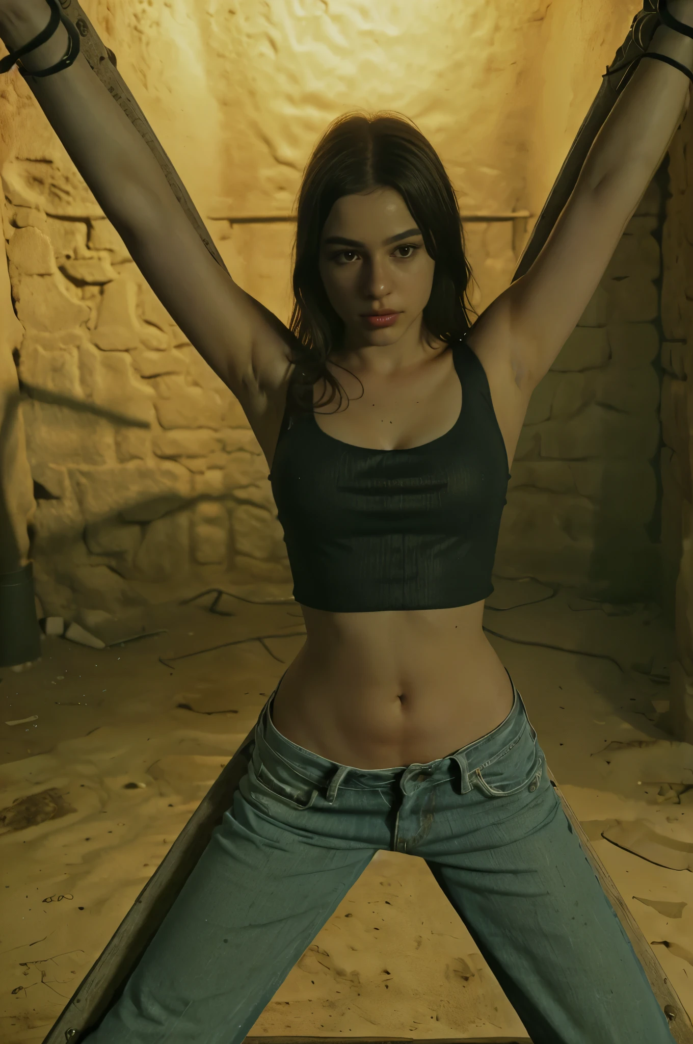 Indie game realistic Photo,(woman in stocks pose,full body with cuffs, wearing a jeans and tank top, low neckline,  photo in a Dungeon of Dasha TAran, Vivid colors, trending on CGSociety, Intricate, high Detail, dramatic lighting