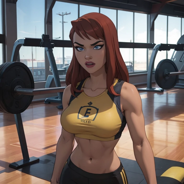 She's a young, slender woman with short, vibrant red hair and bright blue eyes, dressed in fitted gym attire. Confident and determined, she exudes assurance with a strong posture and a self-assured expression. Her domain is the gym, where her infectious energy shines, whether as an athlete or a dedicated instructor.red wet wavy long hair, fit body , huge breasts, gym sportswear black and gold