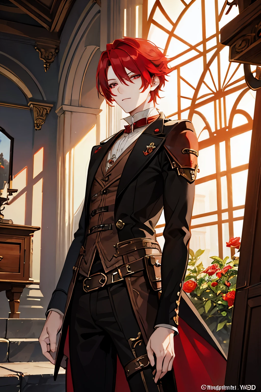 male red hair red eyes steampunk garden Playing with Shepard dog masterpiece Highest image quality noise removal clear parts cinematic shadow Increases the attractiveness of the eyes clear parts the shine of the eyes draw eyelashes neatly perfect eyes detailed eyes sharpen image quality sharpen eye writing clear parts eye shape