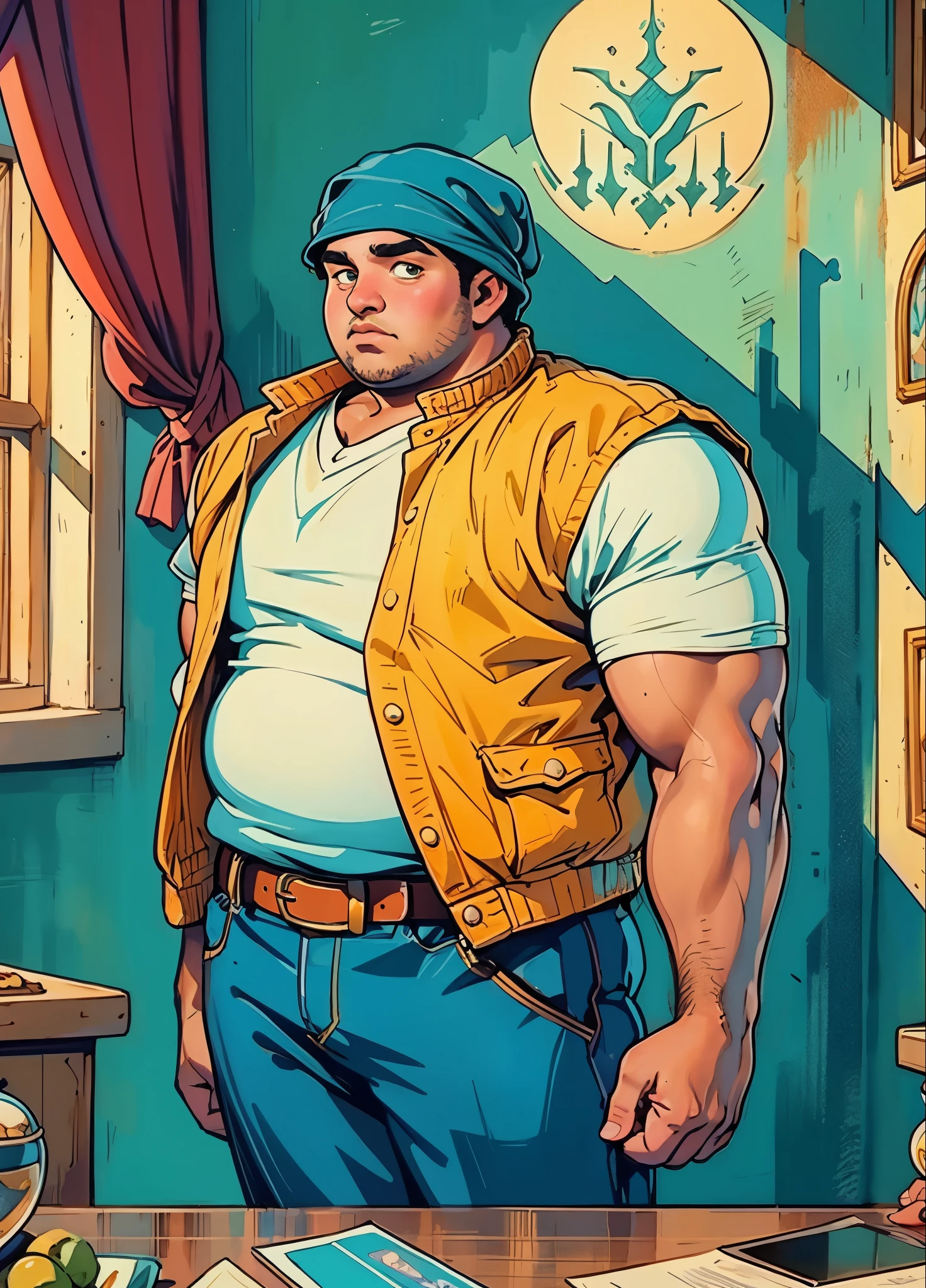 A man with short hair wrapped in a headscarf, side-parted bangs, determined large eyes, chubby cheeks, extremely robust physique, brown skin, dressed in an open fantasy-style shirt jacket with a V-neck undershirt, short sleeves, the jacket features small pockets, a cloth belt wraps around his waist, linen trousers, he stands sweating in the intense sunlight of a fantasy-style marketplace, this character embodies a finely crafted fantasy-style obese merchant in anime style, exquisite and mature manga art style, high definition, best quality, highres, ultra-detailed, ultra-fine painting, extremely delicate, professional, perfect body proportions, golden ratio, anatomically correct, symmetrical face, extremely detailed eyes and face, high quality eyes, creativity, RAW photo, UHD, 32k, Natural light, cinematic lighting, masterpiece-anatomy-perfect, masterpiece:1.5