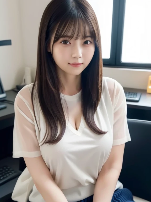 ((masterpiece))、((highest quality))、16K,ultra high resolution、Depth of the bounds written、photograph、reality、High level image quality、Super detailed、married woman、40 generations、(plump body)、Wavy long hair、、realistic background、big and full breasts、Large sagging breasts、deep cleavage、smooth and beautiful thighs、fine and beautiful eyes、hanging eyes、clear double eyelids、tear bag、sexy smile、office、sitting in front of a computer、(White see-through short-sleeve knit)、(Navy blue tight knit skirt)、((Indirect lighting only))、頭から太ももまでのphotograph