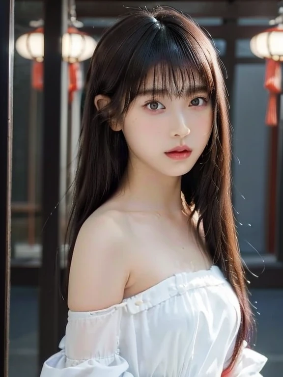 masterpiece, uhd, 8k,, ((ukiyoe style)), ((((masterpiece)))), (((best quality))), (illustration),(1girl:1.4),(solo:1.4), ((an extremely delicate and beautiful)), (()) , cute, ((hime_cut)), side blunt bangs,(ultramarine hair:1.2), hairs between eyes, ribbons, Bracelet , bare shoulders,((japanese_clothes)), ((slit pupils)), ((miko)), (off_shoulder),
