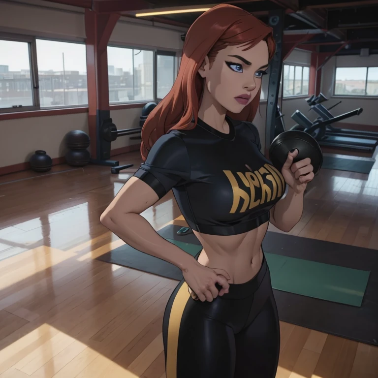 She's a young, slender woman with short, vibrant red hair and bright blue eyes, dressed in fitted gym attire. Confident and determined, she exudes assurance with a strong posture and a self-assured expression. Her domain is the gym, where her infectious energy shines, whether as an athlete or a dedicated instructor.red wet wavy long hair, fit body , huge breasts, gym sportswear black and gold