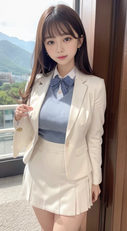 close up shot4K、High resolution、⦅ big breasts 1.6⦆、valley、looking at camera、(smile 1.6)⦅black hair⦆、curly hair、、(long hair)、With bangs、1 girl、、japanese woman、beautiful girl、well-groomed face、cute、White knit blazer uniform、uniform mini skirt、classroom