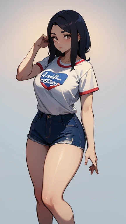 Mujer hermosa, ((24 years old)), calle, camiseta, 1980s, retro, pelo cola de caballo larga y ondulada de pelo oscuro, (obra maestra), extremadamente detallado