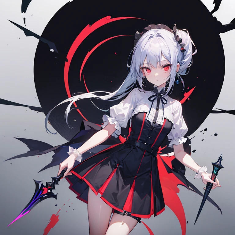 A once-in-a-millennium masterpiece, A photo that can never be taken again, Absurd high resolution, (Expressionless), (Red tears flow from the eyes:1.2), vampire, woman, Silver Hair, Red eyes, Big eyes that draw you in, White clothes, Red dyed clothes,There are red spots all over, Red from the mouth,Cowboy Shot、From above、Tabletop