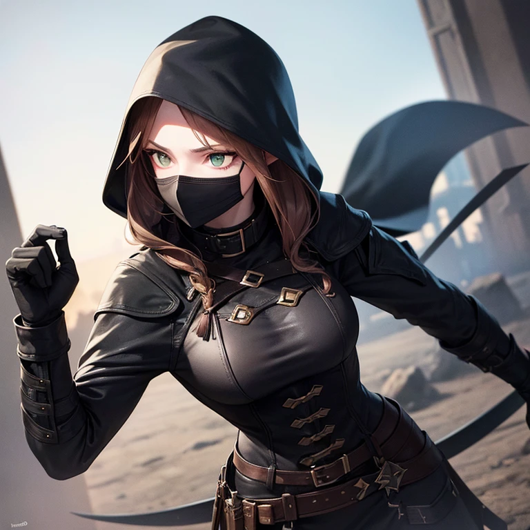 (best quality,4k,highres:1.2),ultra-detailed,realistic:1.37,portrait,elven woman,pale skin,brown hair,green eyes,long ears,angry,black short clothes,magical black broadsword,red eye on blade,dark fantasy,sharp focus,studio lighting,vivid colors, determined, ruthless, succubus, disguised, black mask, black hood