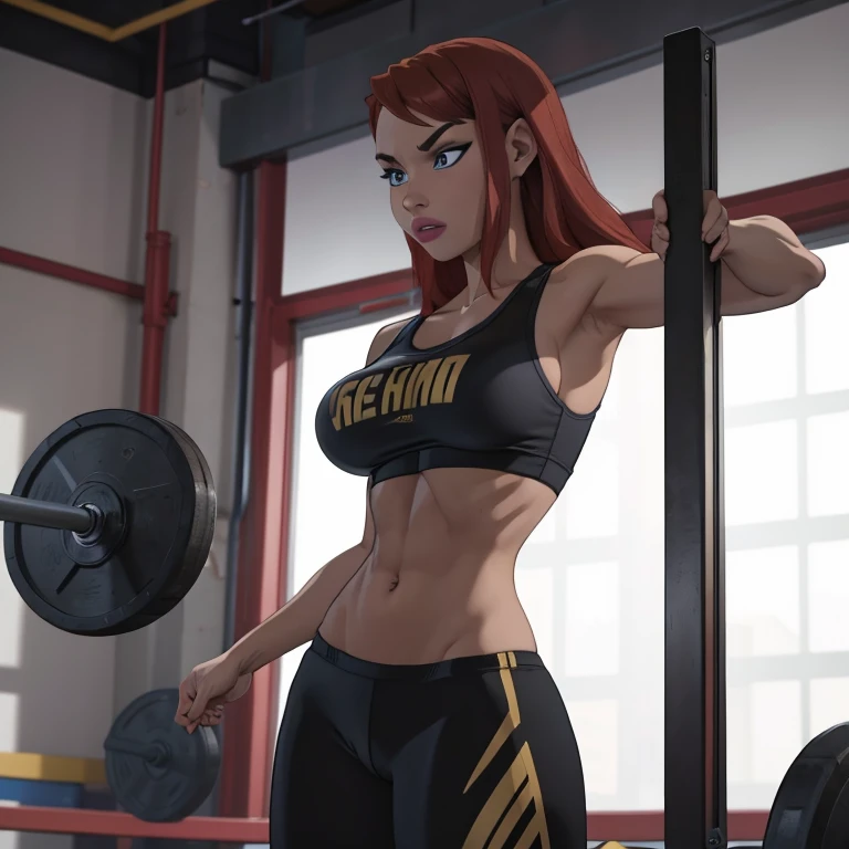 She's a young, slender woman with short, vibrant red hair and bright blue eyes, dressed in fitted gym attire. Confident and determined, she exudes assurance with a strong posture and a self-assured expression. Her domain is the gym, where her infectious energy shines, whether as an athlete or a dedicated instructor.red wet wavy long hair, fit body , huge breasts, gym sportswear black and gold, sexy gym bra and booty pantie