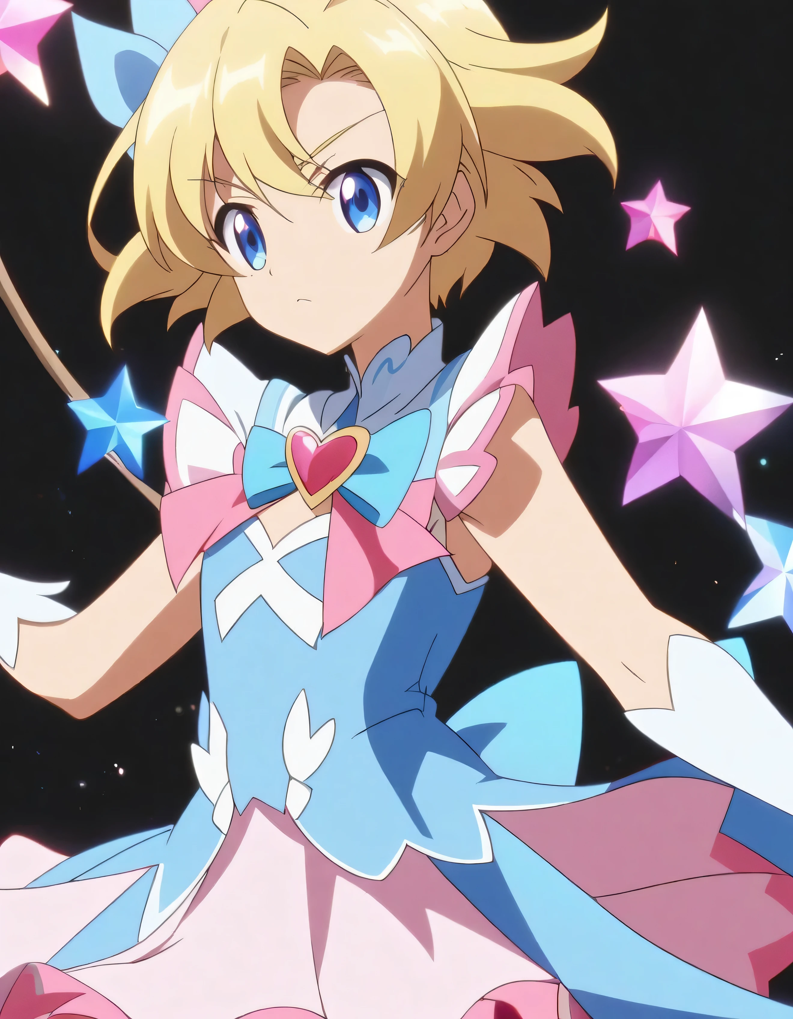 Blonde boy, blue magical girl dress, short hair, posing with a stick, stars. anime style, black background