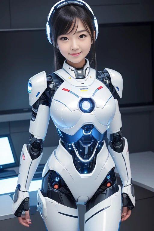 (highest quality, High resolution, masterpiece:1.2), Super detailed, realistic:1.37, (perfect anatomy),1 girl, actress, cowboy shot, cute and beautiful japanese girl'body of,super cute face, (Modified into a cyber robot),standing posture,laughter,beautiful eyes,beautiful skin,,(Futuristic and cute white and light blue satin cyber robot suit), attractive idol makeup,tied black hair,cute pose,The background is the interior of the cyborg operating room and the monitor screen...