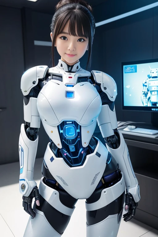 (highest quality, High resolution, masterpiece:1.2), Super detailed, realistic:1.37, (perfect anatomy),1 girl, actress, cowboy shot, cute and beautiful japanese girl'body of,super cute face, (Modified into a cyber robot),standing posture,laughter,beautiful eyes,beautiful skin,,(Futuristic and cute white and light blue satin cyber robot suit), attractive idol makeup,tied black hair,cute pose,The background is the interior of the cyborg operating room and the monitor screen...