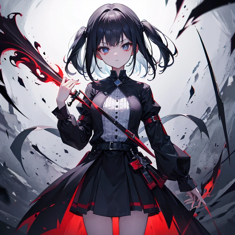 masterpiece, best quality, highres, aarurutie,1girl, standing, , , s, smile,red blush, , open mouth,, best quality, masterpiece, , short_hair, black_hair, red_eyes, black_hair,school uniform, cute, angry, white shirt, grey short skirt, thick thighs, sexy, blood murderer,, knife