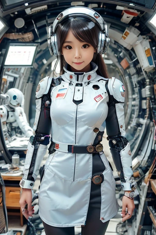 (Ultra-high resolution,Realistic,Highest quality,Photorealistic),(8k,RAW Photos,Highest quality,masterpiece),(Photon Mapping,Radio City,Physically Based Rendering,Auto White Balance),Japanese female android,Black Hair,The spaceship's cockpit,Large seat,Holding the control lever,Secured to the seat with a thick harness,Plump,Slightly thicker,Squat,White robot suit,There is a control panel on the chest.,Surrounded by machines,