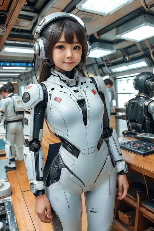 (highest quality, High resolution, masterpiece:1.2), Super detailed, realistic:1.37, (perfect anatomy),1 girl, actress, cowboy shot, cute and beautiful japanese girl&#39;body of,super cute face, (Modified into a cyber robot),standing posture,laughter,beautiful eyes,beautiful skin,,(Futuristic and cute white and light blue satin cyber robot suit), attractive idol makeup,tied black hair，cute pose,The background is the interior of the cyborg operating room and the monitor screen...