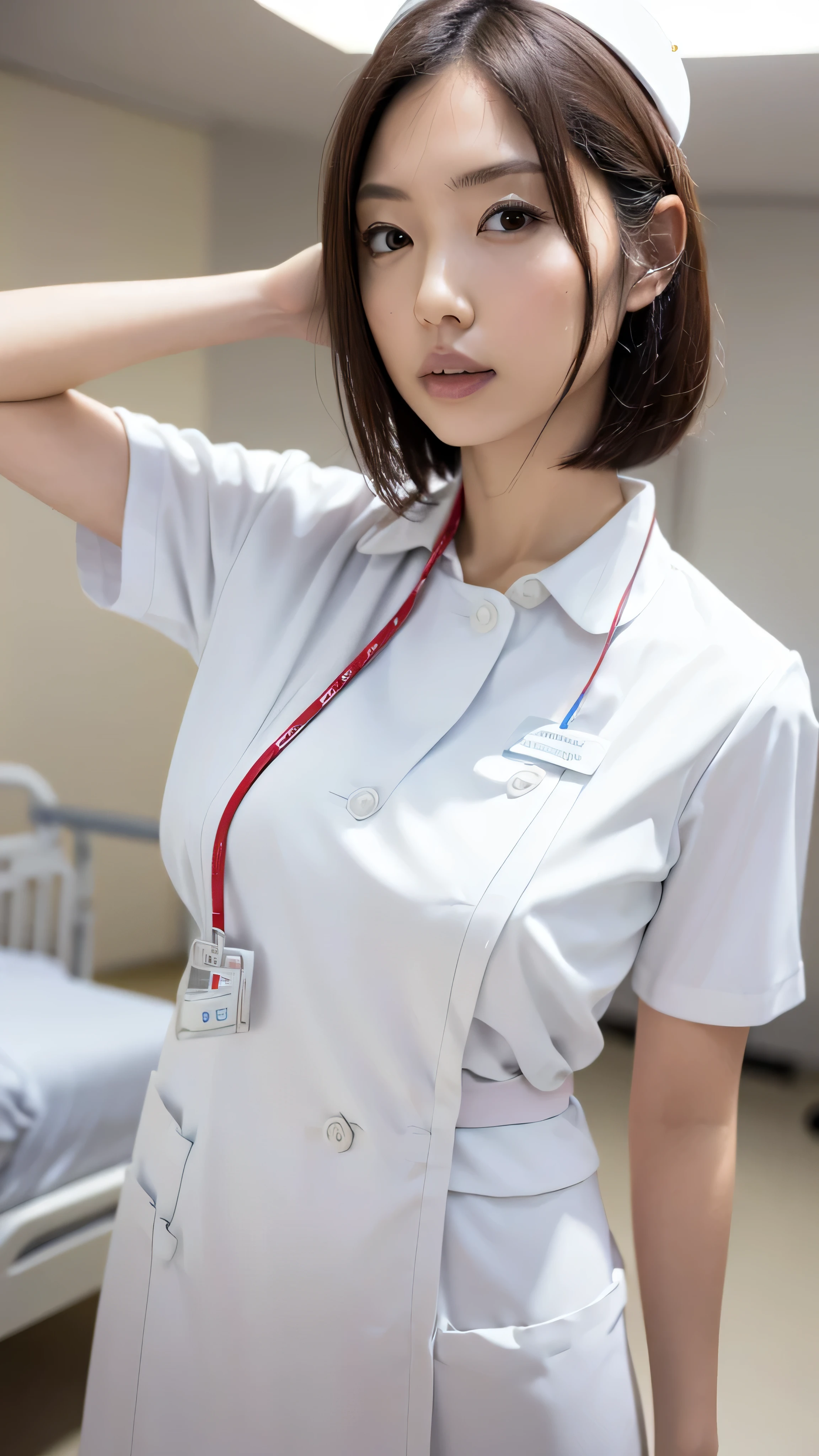 1 girl,(Wearing white nurse clothes:1.2),(RAW photo, highest quality), (realistic, photo-realistic:1.4), masterpiece, very delicate and beautiful, very detailed, 2k wallpaper, wonderful, finely, very detailed CG unity 8k wallpaper, Super detailed, High resolution, soft light, beautiful detailed girl, very detailed eyes and face, beautifully detailed nose, finely beautiful eyes, nurse, perfect anatomy, black hair, up style, nurse uniform, ((nurse cap)), long skirt, nurse, white costume, thin, hospital, clear, white uniform, hospital room, auscultation of the neck,bob cut