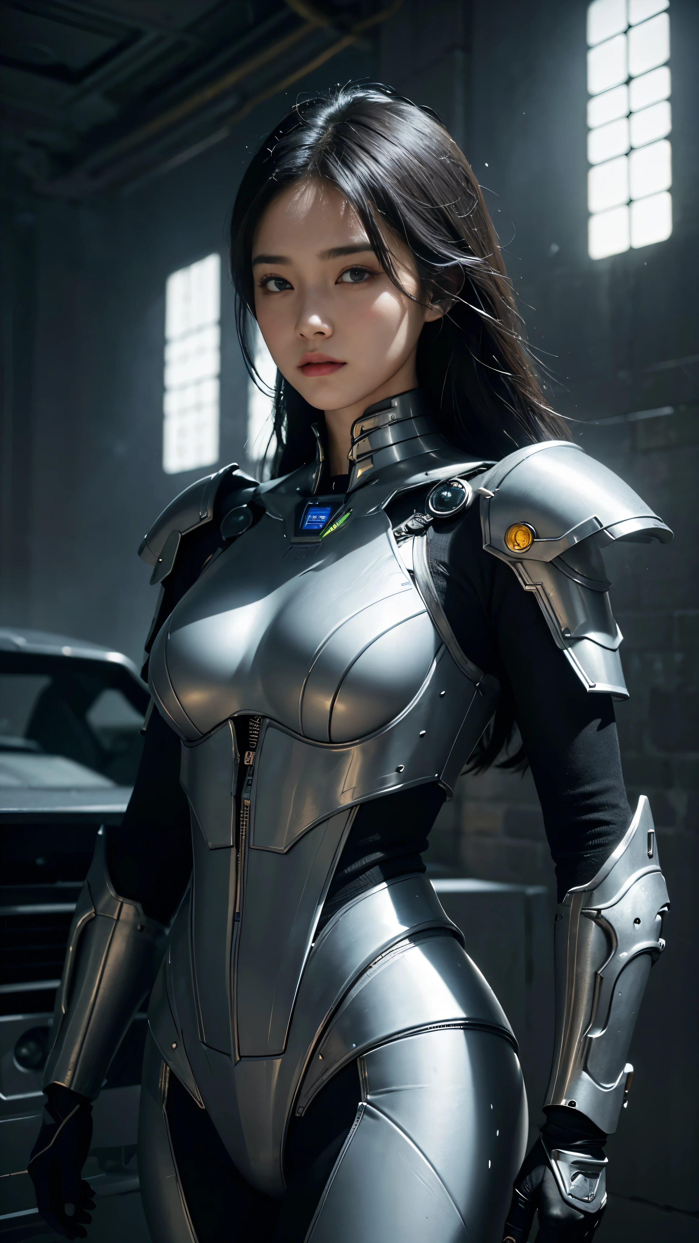One Beautiful Woman。Detailed drawing of faces。black hair。long hair。beautiful double eyes。bridge of nose。well-shaped lips。She wears combat uniforms that fit her metallic body perfectly.。The waist is reminiscent of Kamen Rider's transformation belt.。A woman is in a spaceship。masterpiece。
