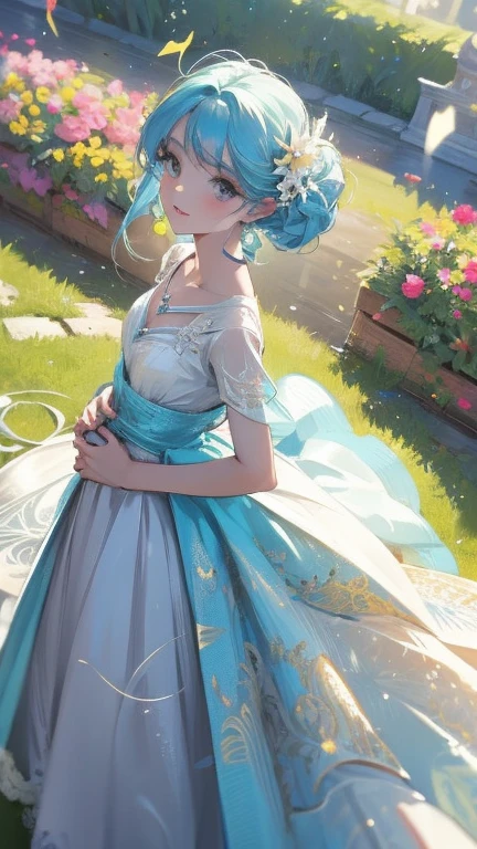 una chica hermosa, Playful and charming. The dress is made of flowy fabric that seems to dance in the breeze. El color es un pastel suave, que recuerda a las flores silvestres que la rodean. The bodice is tight, with intricate embroidery and rhinestones that catch the light. La falda es amplia y fluida., con capas de tela que crujen suavemente cuando se mueve.