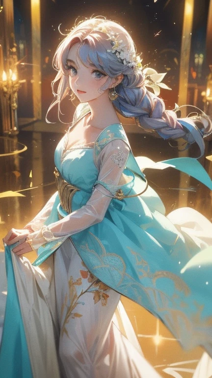 una chica hermosa, Playful and charming. The dress is made of flowy fabric that seems to dance in the breeze. El color es un pastel suave, que recuerda a las flores silvestres que la rodean. The bodice is tight, with intricate embroidery and rhinestones that catch the light. La falda es amplia y fluida., con capas de tela que crujen suavemente cuando se mueve.