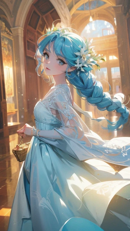 una chica hermosa, Playful and charming. The dress is made of flowy fabric that seems to dance in the breeze. El color es un pastel suave, que recuerda a las flores silvestres que la rodean. The bodice is tight, wit? intricate embroidery and rhinestones that catch the light. La falda es amplia y fluida., con capas de tela que crujen suavemente cuando se mueve.