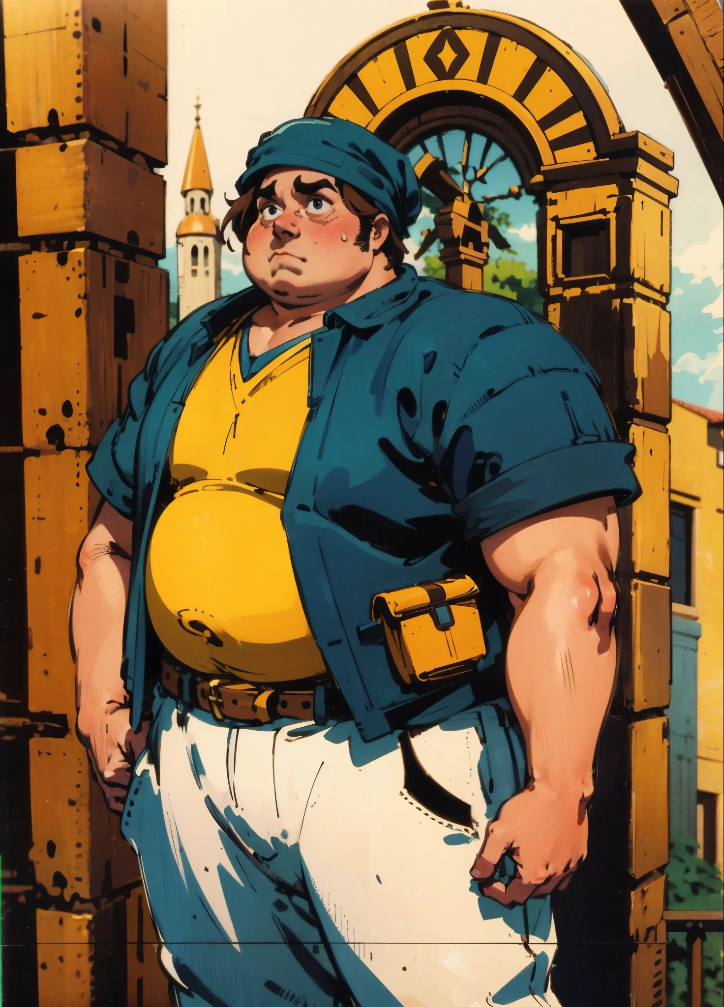 A man with short hair wrapped in a headscarf, side-parted bangs, determined large eyes, chubby cheeks, extremely robust physique, brown skin, dressed in an open fantasy-style shirt jacket with a V-neck undershirt, short sleeves, the jacket features small pockets, a cloth belt wraps around his waist, linen trousers, he stands sweating in the intense sunlight of a fantasy-style marketplace, this character embodies a finely crafted fantasy-style obese merchant in anime style, exquisite and mature manga art style, high definition, best quality, highres, ultra-detailed, ultra-fine painting, extremely delicate, professional, perfect body proportions, golden ratio, anatomically correct, symmetrical face, extremely detailed eyes and face, high quality eyes, creativity, RAW photo, UHD, 32k, Natural light, cinematic lighting, masterpiece-anatomy-perfect, masterpiece:1.5