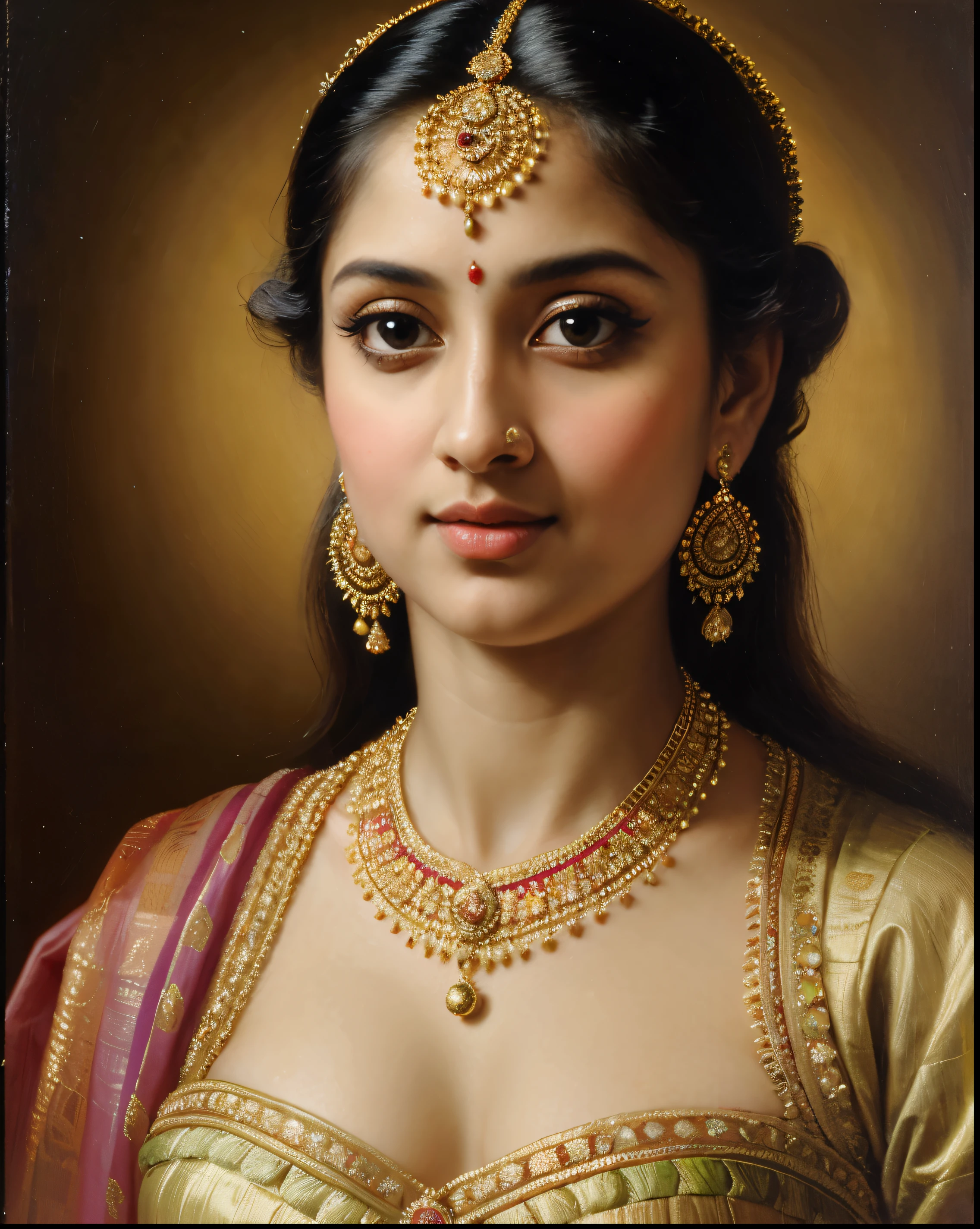 Beautiful Indian Woman, wearing saree, sari Beauty, gorgeous, Apsara, Maharani, royal queen woman, nymph from Hindu Mythology, Urvashi, matchless beauty, Highly detailed, Oil Painting by Peter Paul Rubens inspired by Raja Ravi Varma, Matchless beauty, captivating, gorgeous, heavenly beauty, celestial beauty, by Peter Paul Rubens, 13, realistic, hyper realistic, micro details, incredible artwork, insane details, ultra High resolution, 8k, 32k, acrylic on canvas, intricate, flawless, detailed, detailed face, detailed eyes, masterpiece, by Peter Paul Rubens, by Caravaggio, by William Adolphe bouguereau, perfect face, perfect body, beautiful art, realism, baroque, renaissance Art, highly textured, beautiful and detailed eyes, uhd, best quality,