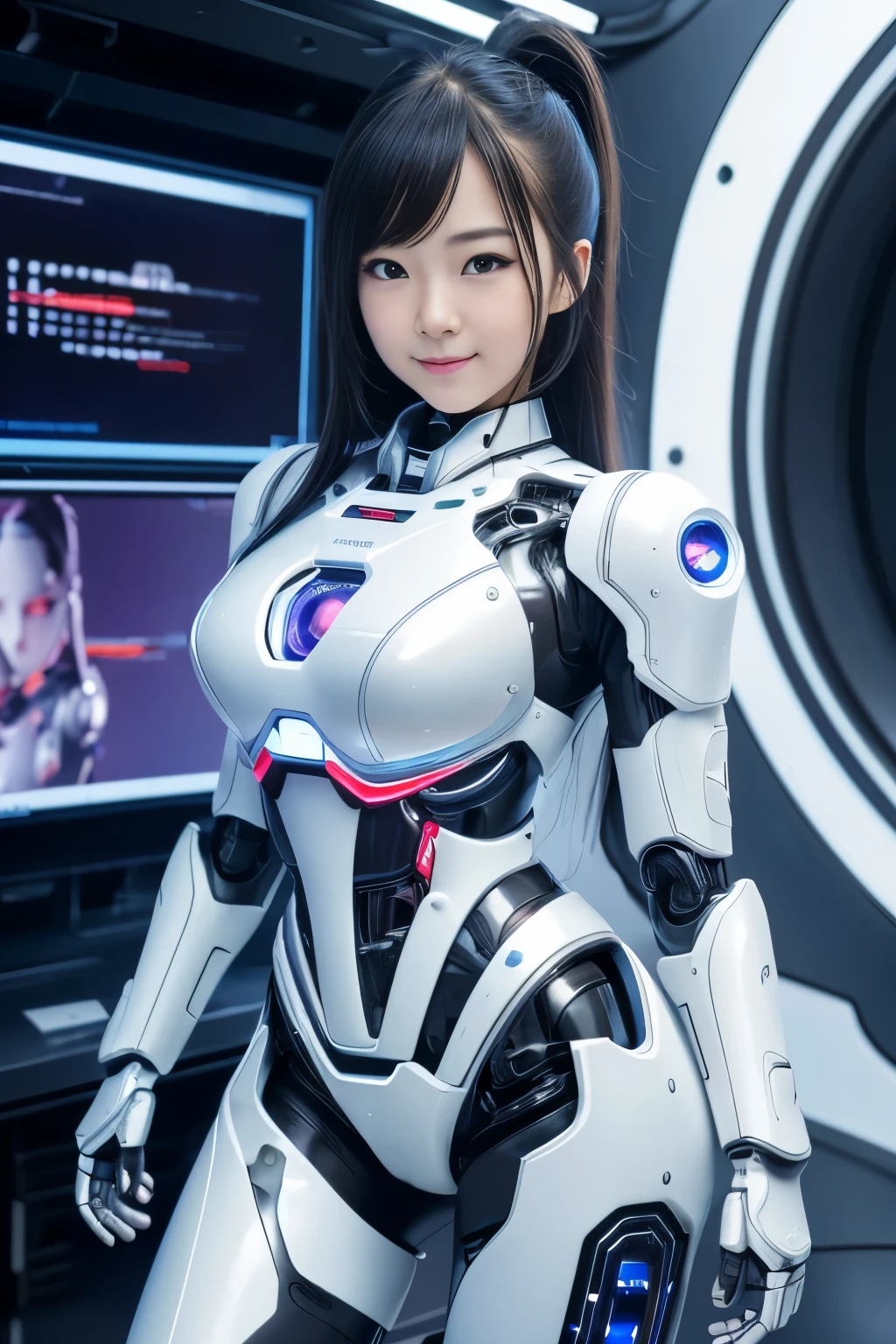 masterpiece, best quality, extremely detailed,8k portrait, Japanese android girl,Plump ,control panels,robot arms,robot,android,cyborg,white robot body,blunt bangs,robot repair plant,black knee high socks, masterpiece, Best Quality, Illustration, Ultra-detailed, finely detail, hight resolution, 8K Wallpaper, Perfect dynamic composition, Beautiful detailed cyan colored eyes, suits,Medium Hair,  Natural Color Lip, Random and sexy poses,Smile,‎Classroom、20 years girl、lifelike face、real looking skin、Realistic blue eyes、cute little, robotic neck, robotic arms and legs, deep blue eyes, career woman robot, robot girl, cyborg, control panels, control monitor in chest, 8K, RAW photos, Best quality, Masterpiece: 1.2),(best qualtiy，8K, Yes，32K，masterpiece，hyper HD：1.2) , Generate a highly detailed and realistic 4K description of a robot woman in a career suit, emphasizing every detail, from her attire to the surrounding environment, skinny body, perfect body, beautifull face, asian face, glowing skin, cyborg girl, deep blue eyes, android robot, mechanical details, korean robot girl, robotic chest, add chest monitor, perfect blue eyes, control panels, japanese android woman,perfect robot girl,long tube,thick cable connected her neck,android,robot,humanoid,cyborg, japanese cyborg girl , She is reprogramming now,chest monitor