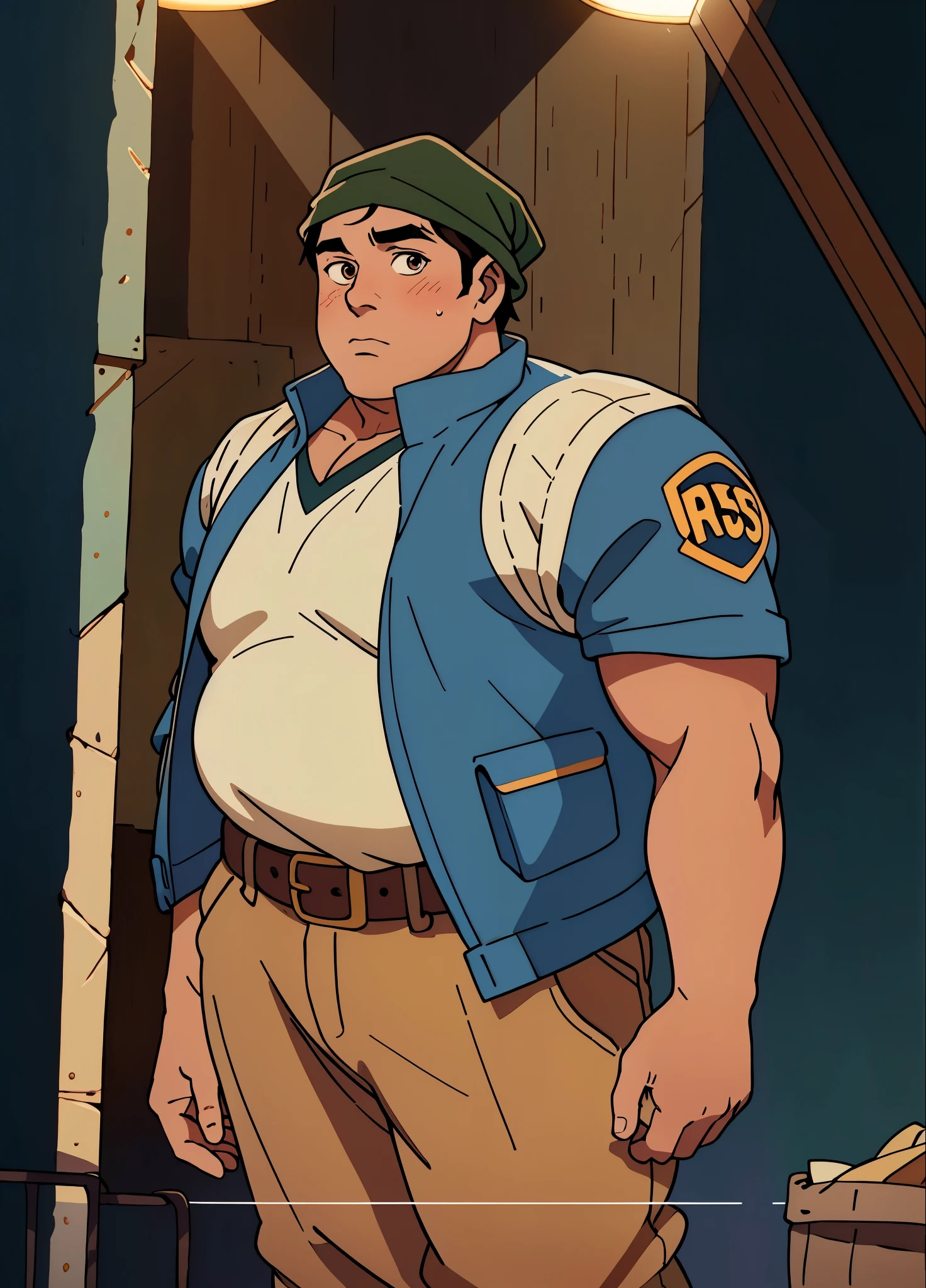 A man with short hair wrapped in a headscarf, side-parted bangs, determined large eyes, chubby cheeks, extremely robust physique, brown skin, dressed in an open fantasy-style shirt jacket with a V-neck undershirt, short sleeves, the jacket features small pockets, a cloth belt wraps around his waist, linen trousers, he stands sweating in the intense sunlight of a fantasy-style marketplace, this character embodies a finely crafted fantasy-style obese merchant in anime style, exquisite and mature manga art style, high definition, best quality, highres, ultra-detailed, ultra-fine painting, extremely delicate, professional, perfect body proportions, golden ratio, anatomically correct, symmetrical face, extremely detailed eyes and face, high quality eyes, creativity, RAW photo, UHD, 32k, Natural light, cinematic lighting, masterpiece-anatomy-perfect, masterpiece:1.5