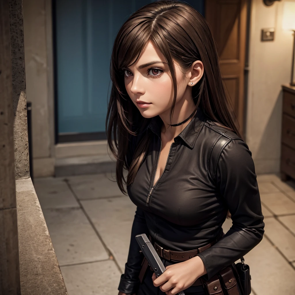 Valentina Costello is a princess. She has red eyes. She has medium length straight brown hair. She wears all black attire with knife holsters. She is an assassin. 