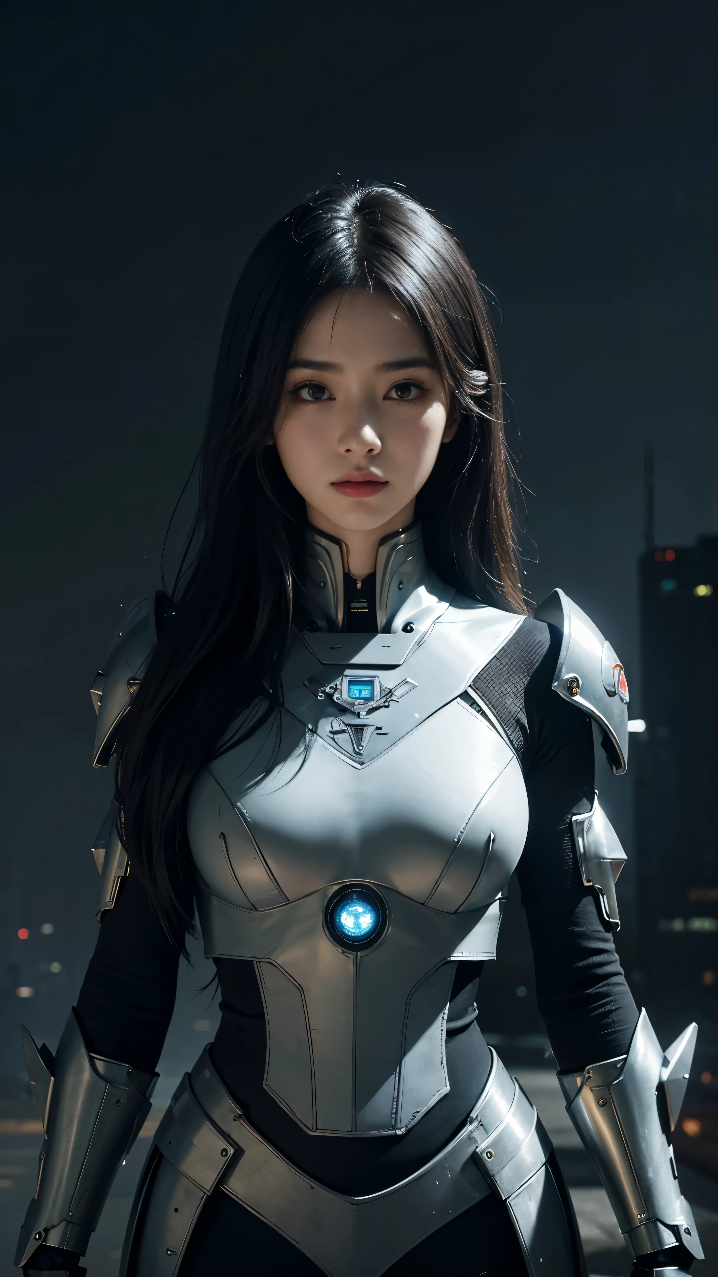 best quality ,masterpiece, illustration, an extremely delicate and beautiful, extremely detailed ,CG ,unity ,8k wallpaper, Amazing, finely detail, masterpiece,best quality,official art,extremely detailed CG unity 8k wallpaper,absurdres, incredibly absurdres, ultra-detailed, highres, extremely detailed,beautiful detailed girl,light on face, 1girl, mecha, armor, mechanical_body, black hair, spaceship, city, cyberpunk, star_sky,